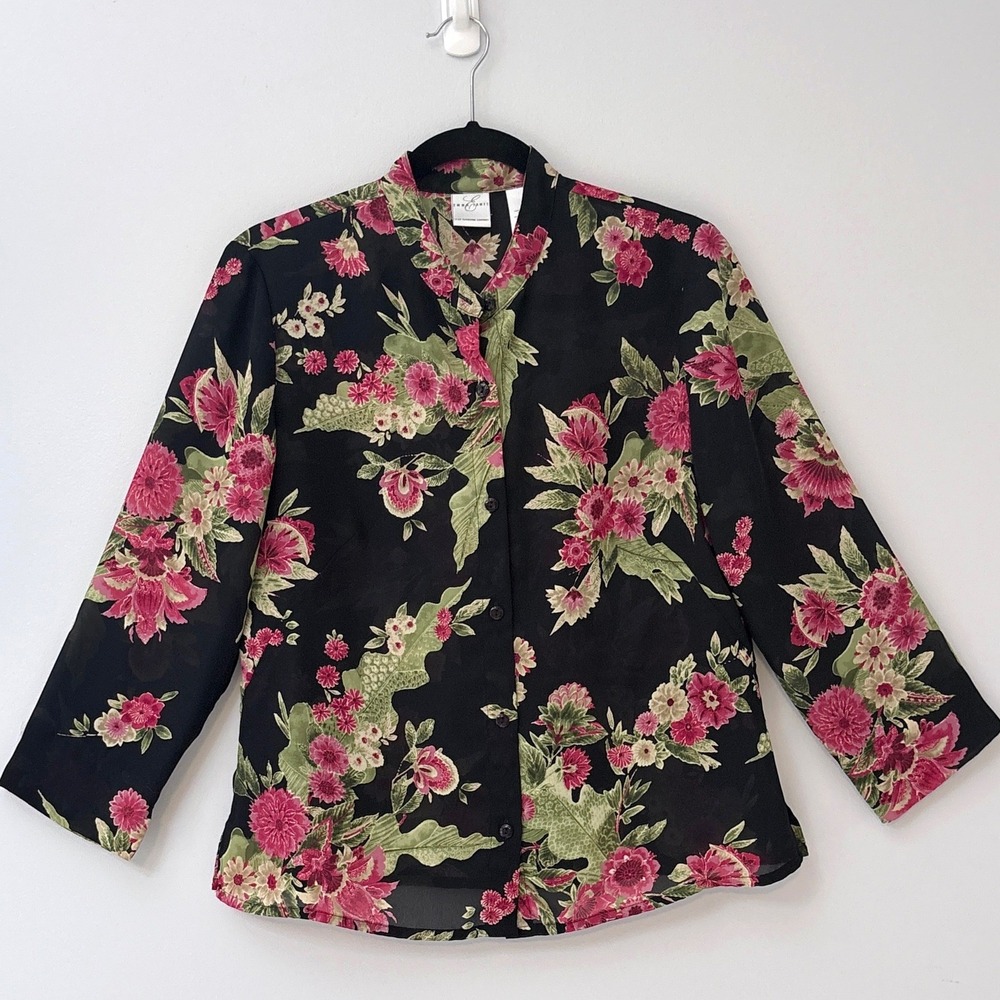 Emma James Liz Claiborne Floral Mandarin Collar Blouse Size 8